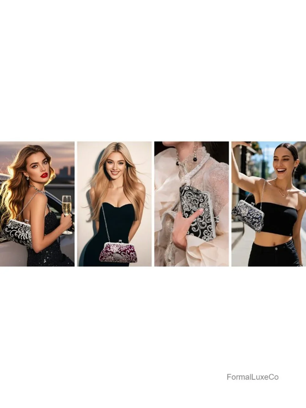 Floral Embroidered Sequin Evening Kiss Lock Clutch Purse with Detachable Chain